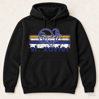 St. Xavier Rams Retro Stripe hoodie, Blue print — Black