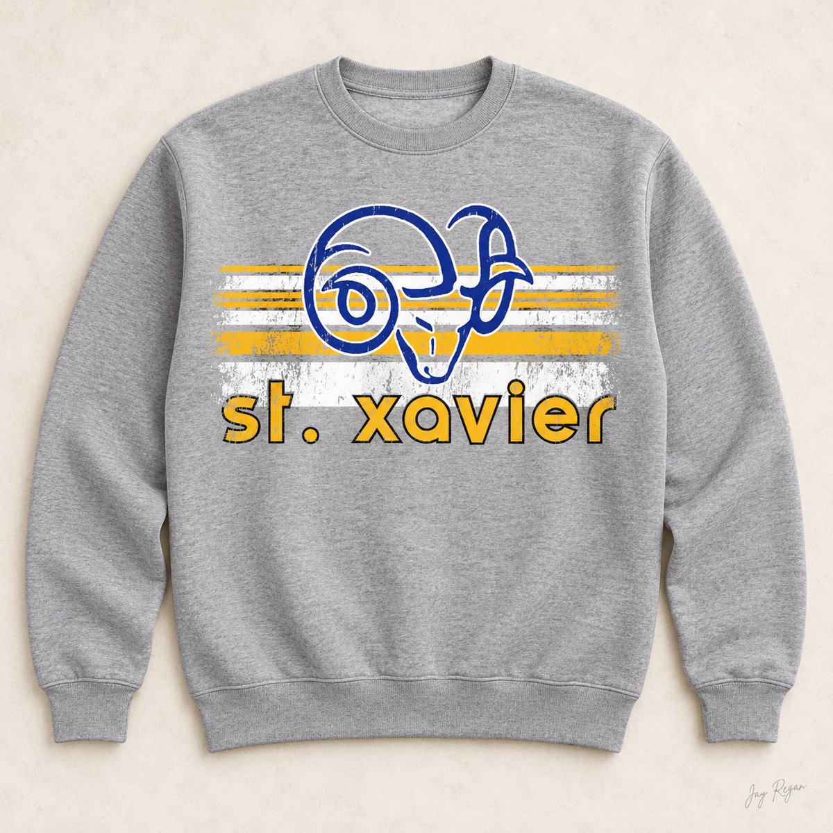 St. Xavier Rams Retro Stripe crewneck, Gold print — Sport Grey