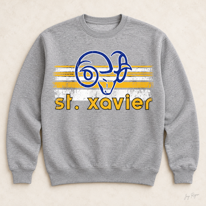 St. Xavier Rams Retro Stripe crewneck, Gold print — Sport Grey