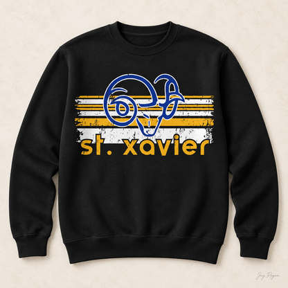 St. Xavier Rams Retro Stripe crewneck, Gold print — Black