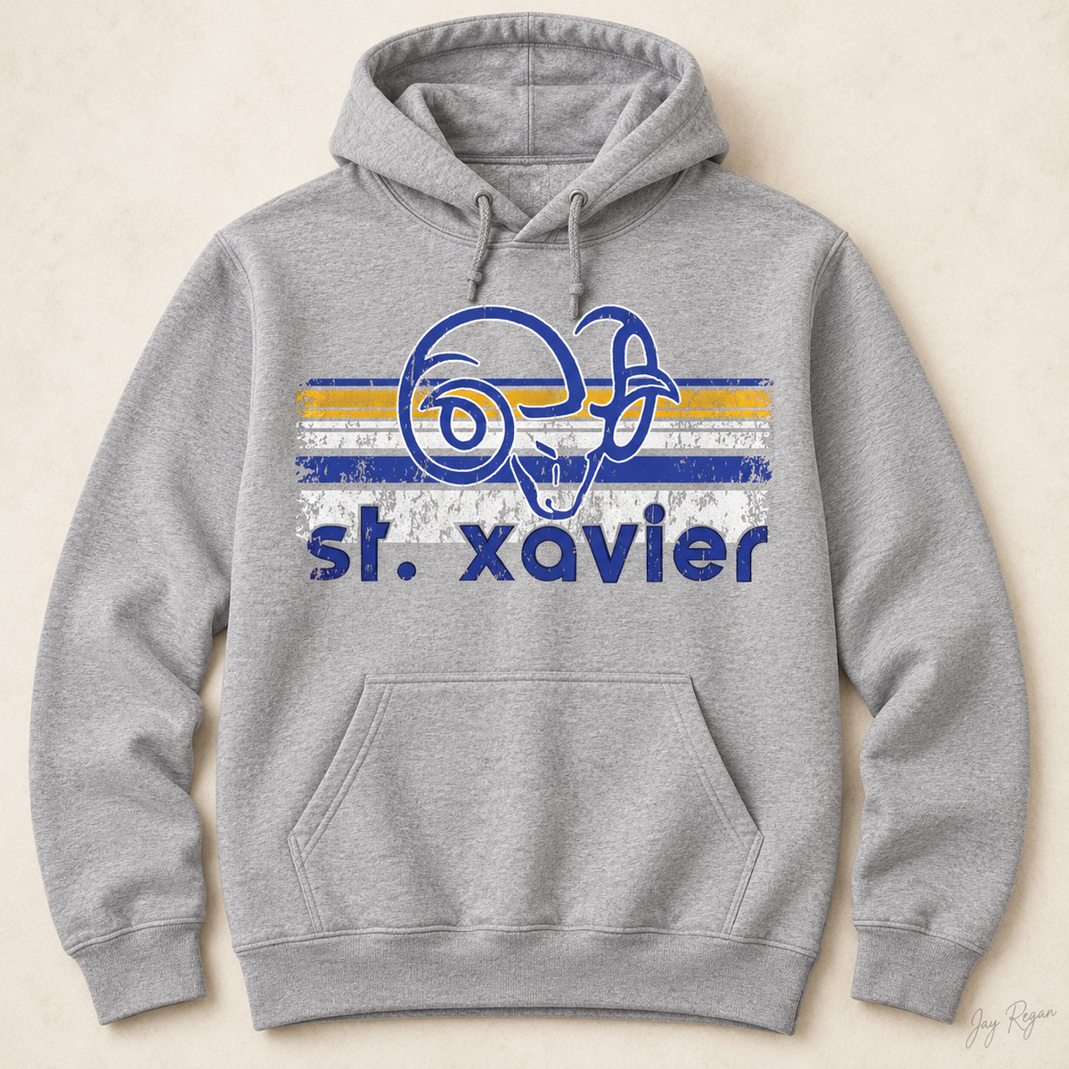 St. Xavier Rams Retro Stripe hoodie, Blue print — Sport Grey