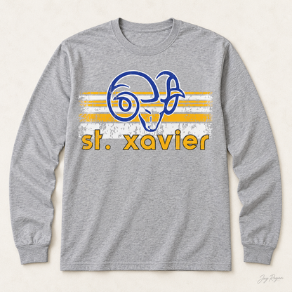 St. Xavier Rams Retro Stripe Gold print long sleeve — Sport Grey