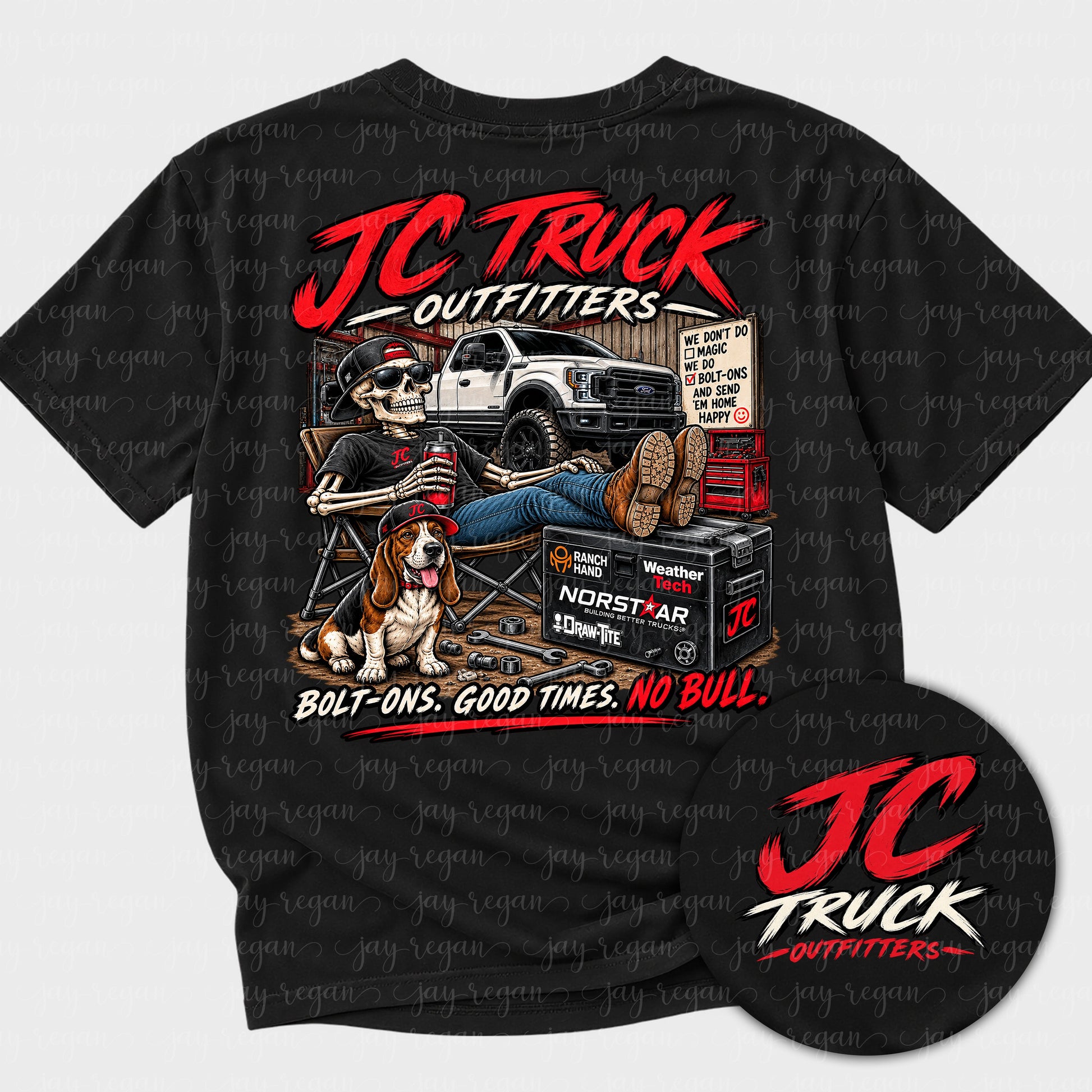 Black t-shirt with a full-back print: a skeleton in a JC cap relaxing in a lawn chair with his boots on a toolbox, a basset hound beside him and a finished truck in the shop behind, reading Bolt-ons. Good times. No bull.