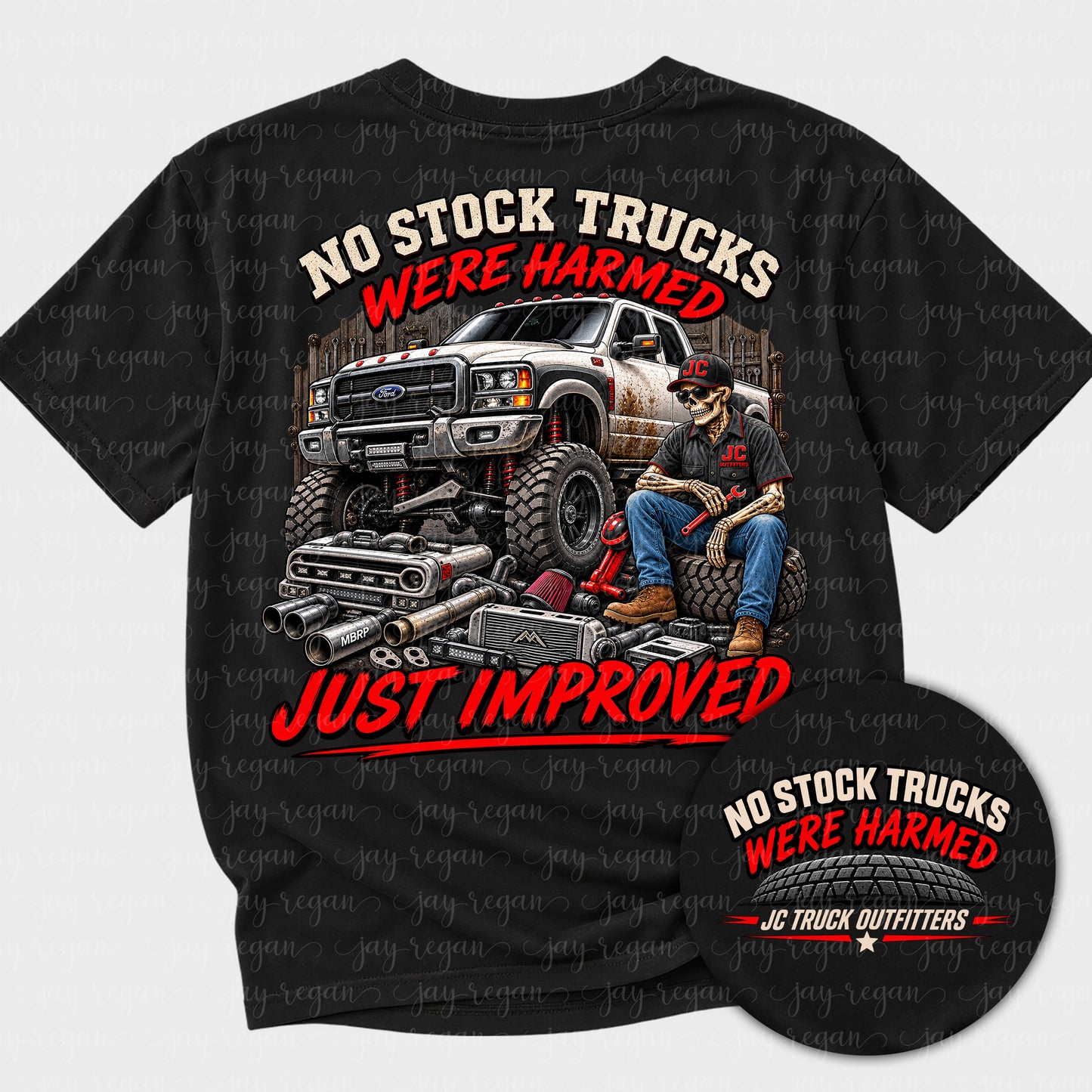 Black t-shirt with a full-back print: a lifted pickup with aftermarket suspension and exhaust parts laid out in front of it and a skeleton mechanic resting on a tire, reading No stock trucks were harmed, just improved.