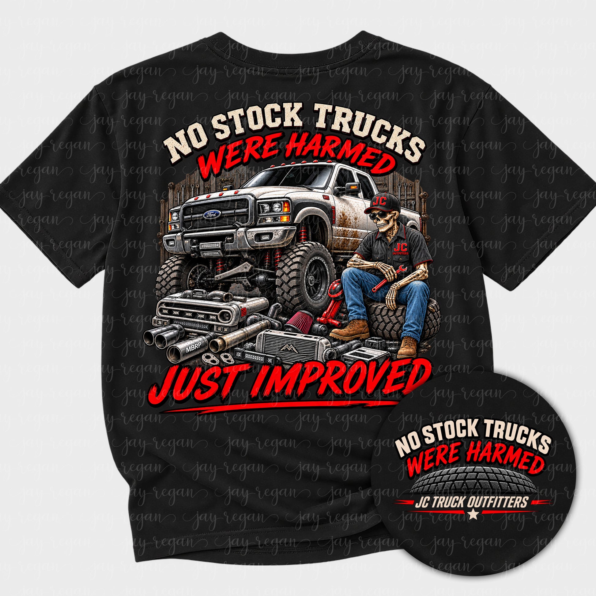 Black t-shirt with a full-back print: a lifted pickup with aftermarket suspension and exhaust parts laid out in front of it and a skeleton mechanic resting on a tire, reading No stock trucks were harmed, just improved.